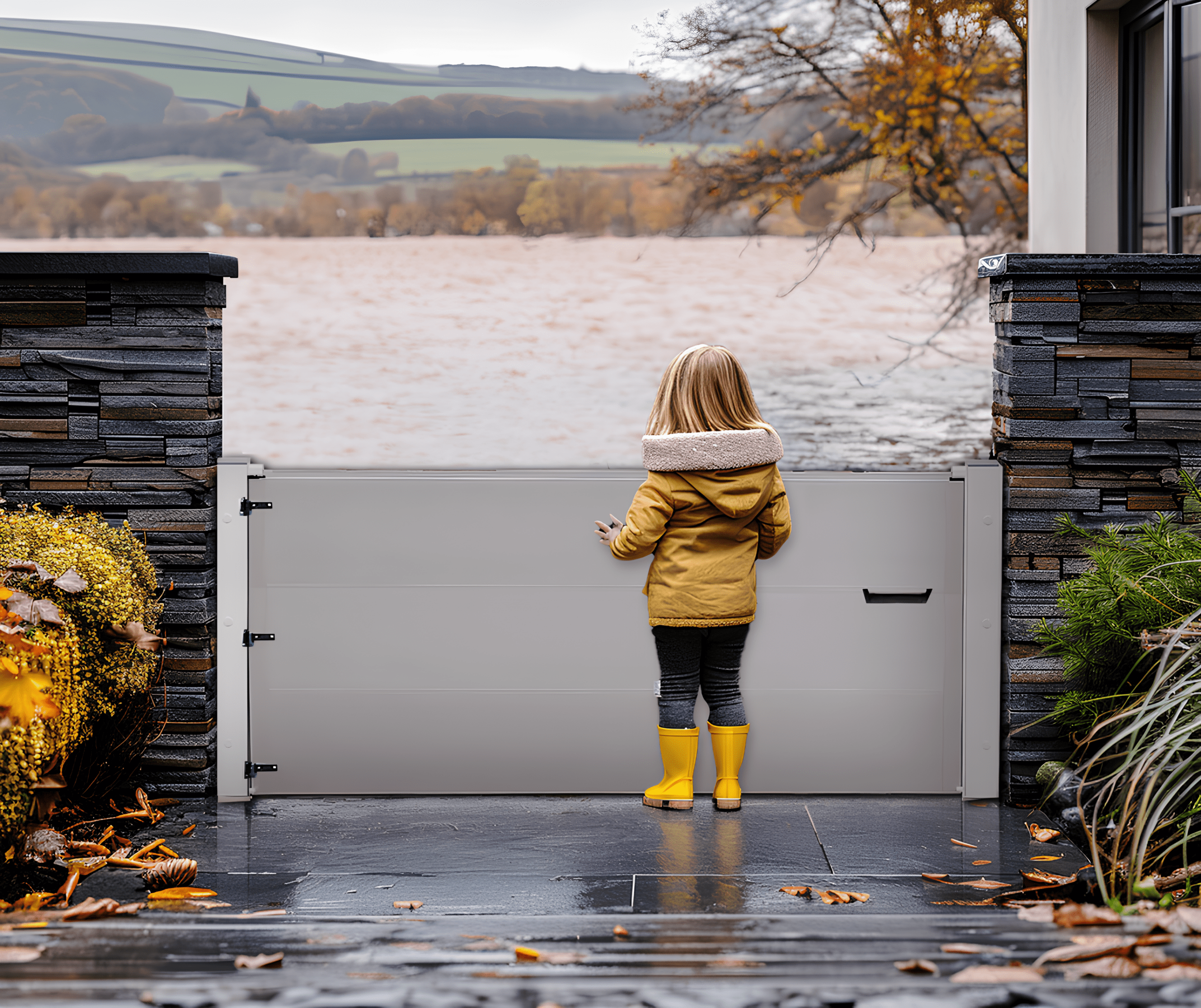 Un enfant protégé par un batardeau en situation d'inondation.