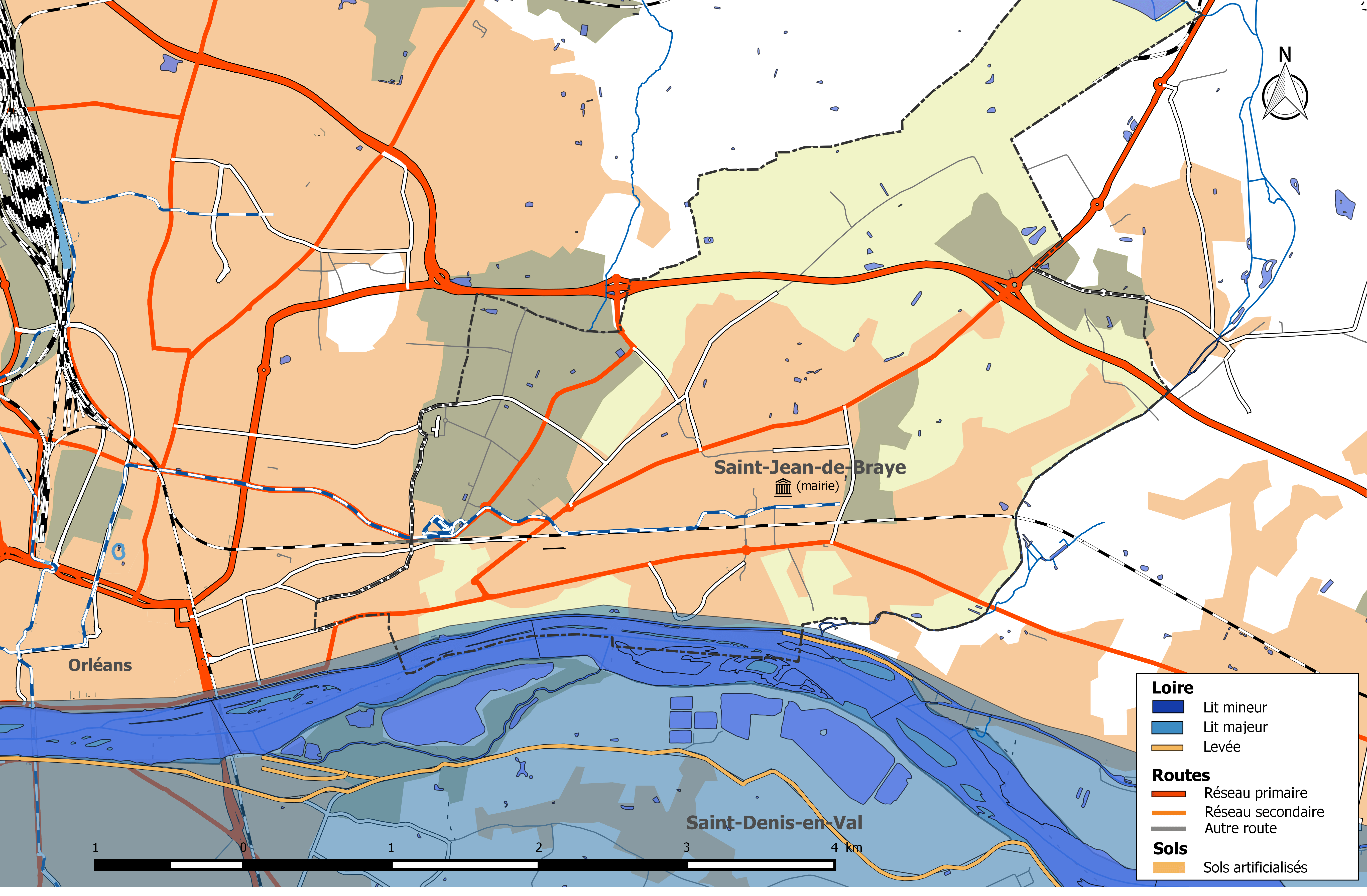 Carte de l'AZI de Saint-Jean-de-Braye montrant le lit mineur et majeur de la Loire, les routes et les sols artificialisés.