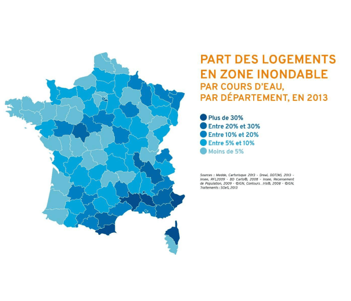 Carte de France montrant la part des logements en zone inondable par département.