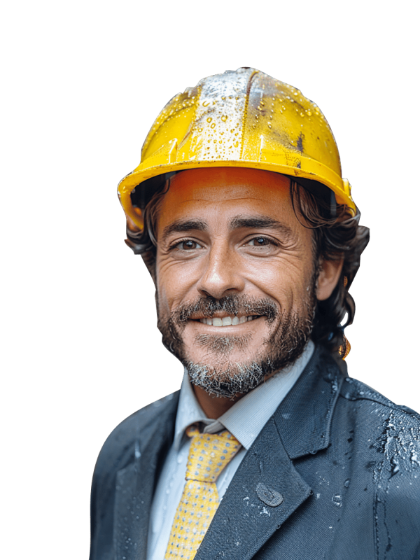 Coach inondation avec casque de sécurité, offrant conseils et audits pour prévenir les inondations.