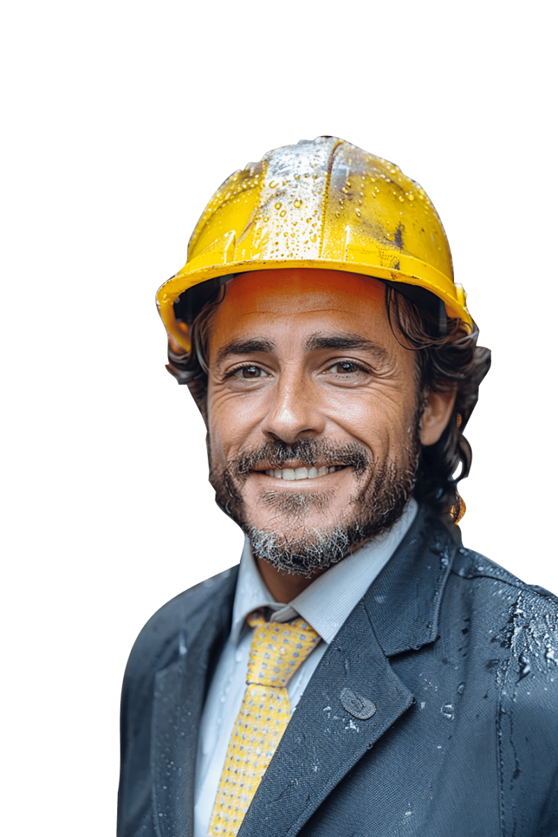 Coach inondation avec casque de sécurité, offrant conseils et audits pour prévenir les inondations.
