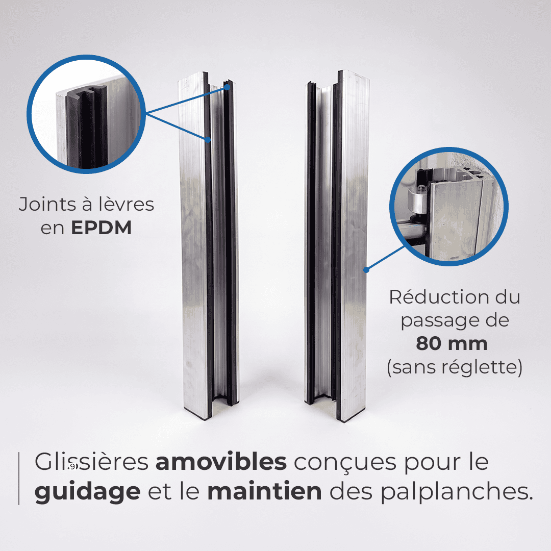 Deux glissières amovibles en aluminium avec joints à lèvres en EPDM pour batardeau CASTOR+