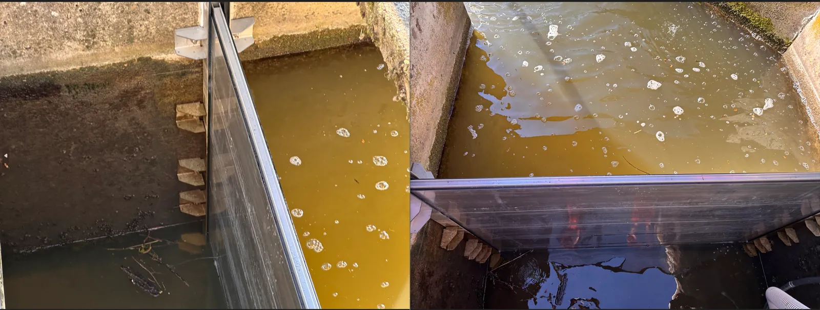 Lames de batardeau en aluminium posées dans un ouvrage hydraulique en béton à Tours, eau retenue d'un côté et fond à sec de l'autre