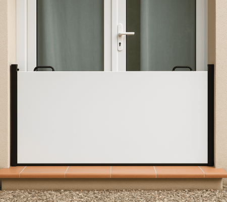 Batardeau anti-inondation Unirempart installé devant une porte-fenêtre pour protéger la maison contre les eaux de ruissellement.